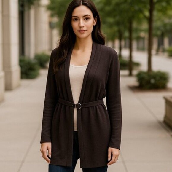 Michael Kors open knit chocolate Trend color cardigan with circle fasten Size L - Picture 1 of 7